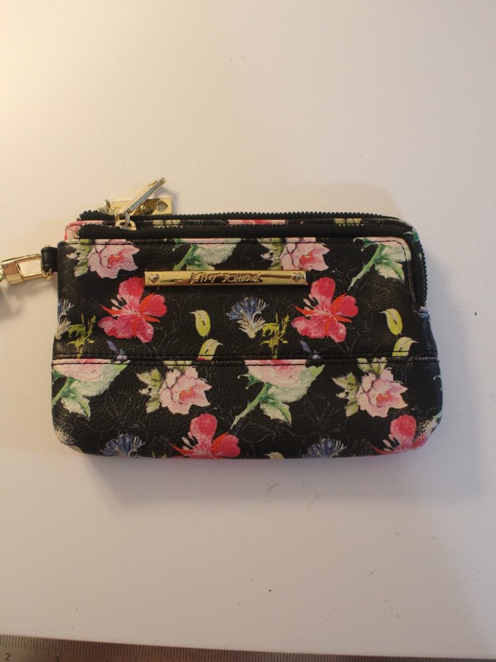 Betsey Johnson Black Floral Double-Zip Wristlet Pouch
